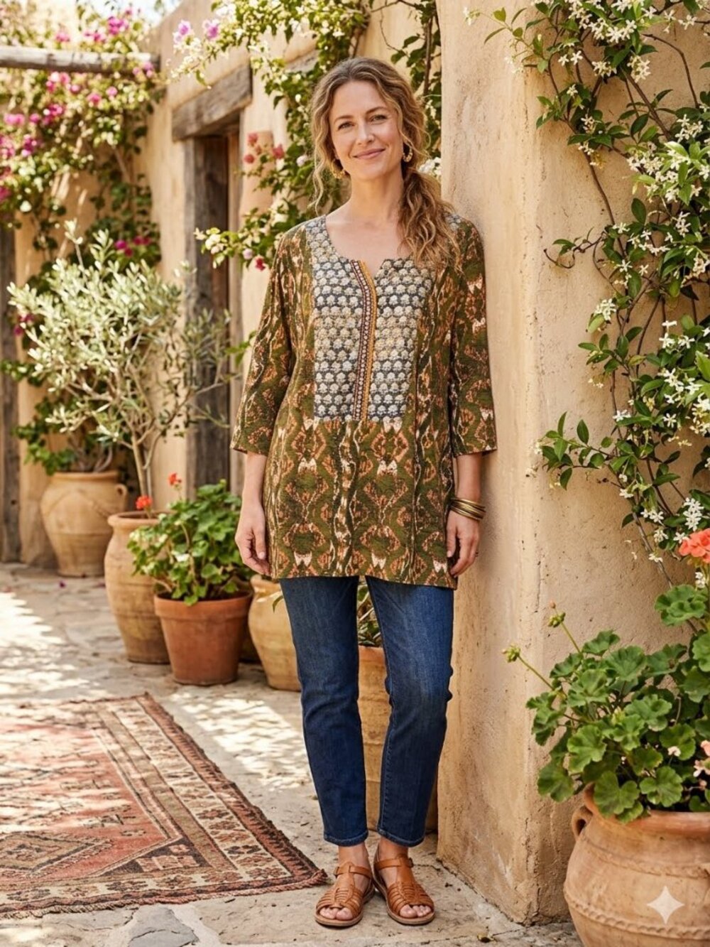 Denim 24/7 Women s Size 2X Boho Print 3/4 Sleeve Scoop Split Neck Tunic Top